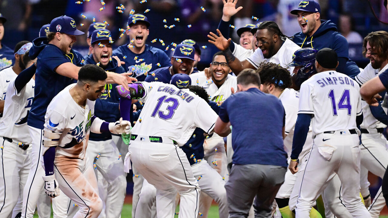ST PETERSBURG, FLORIDA - SEPTEMBER 11: The Tampa Bay Rays celebrate as Junior Caminero #13 scores after hitting a two-run home run to walk-off the Houston Astros at Tropicana Field on September 11, 2026 in St Petersburg, Florida. The Rays defeated the Houston Astros 3-1.