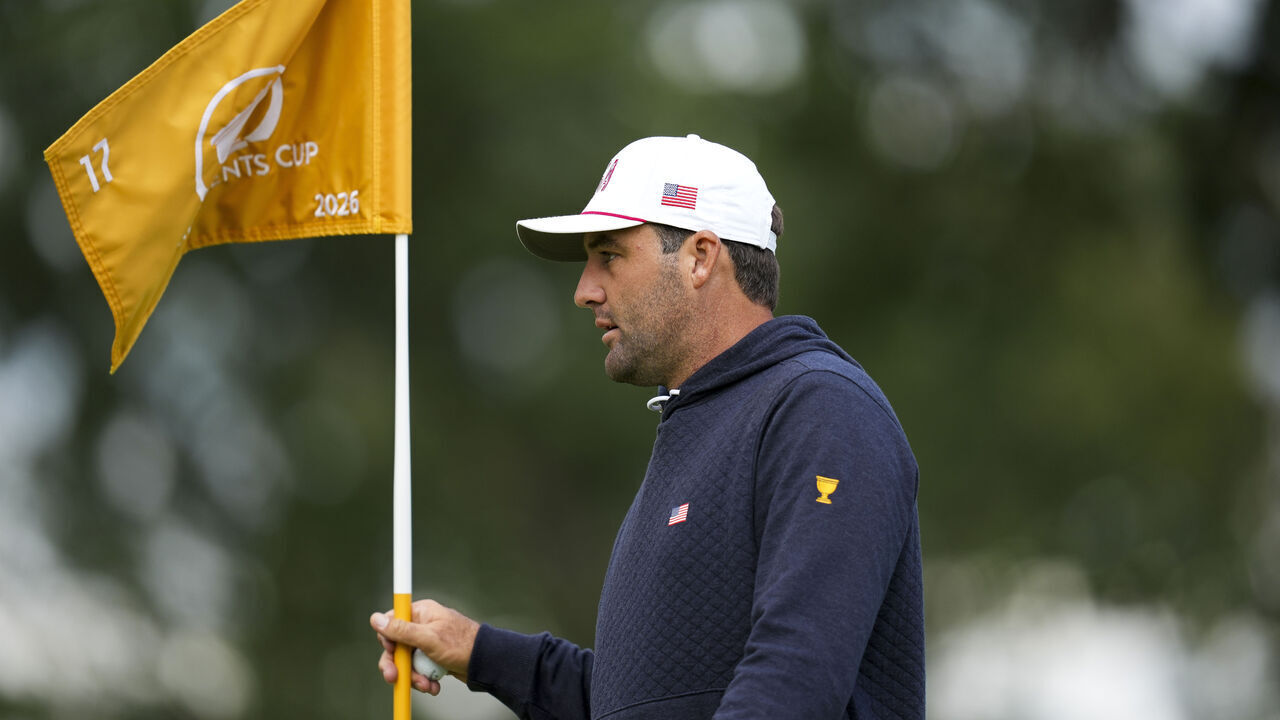 MEDINAH, ILLINOIS - SEPTEMBER 22: Scottie Scheffler of the U.S. Team looks on while playing the 17th hole prior to the Presidents Cup at Medinah Country Club Course No. 3 on September 22, 2026 in Medinah, Illinois.