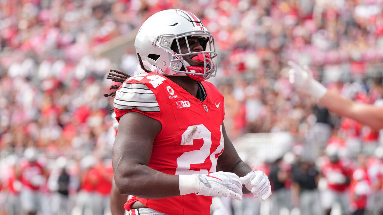 COLUMBUS, OH - SEPTEMBER 19: Ohio State Buckeyes running back Ja'kobi Jackson #24 celebrates a touchdown during the first quarter of the game between the Ohio State Buckeyes and the Kent State Golden Flashes at Ohio Stadium in Columbus, Ohio on September 19, 2026.