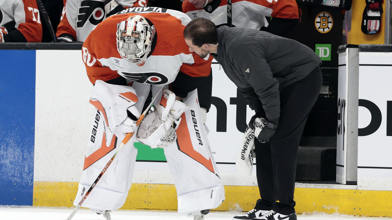 BOSTON, MA - SEPTEMBER 22: Dan Vladar #80 of the Philadelphia Flyers left the game injured in the first period during a preseason game between the Boston Bruins and the Philadelphia Flyers on September 22, 2026, at TD Garden in Boston, Massachusetts.