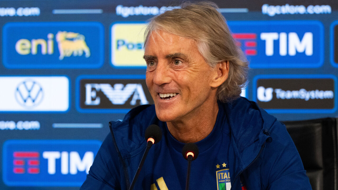 Italy head coach Roberto Mancini attends a press conference ahead of Italy's upcoming UEFA Nations League matches at Centro Tecnico Federale di Coverciano in Florence, Italy, on September 21, 2026.