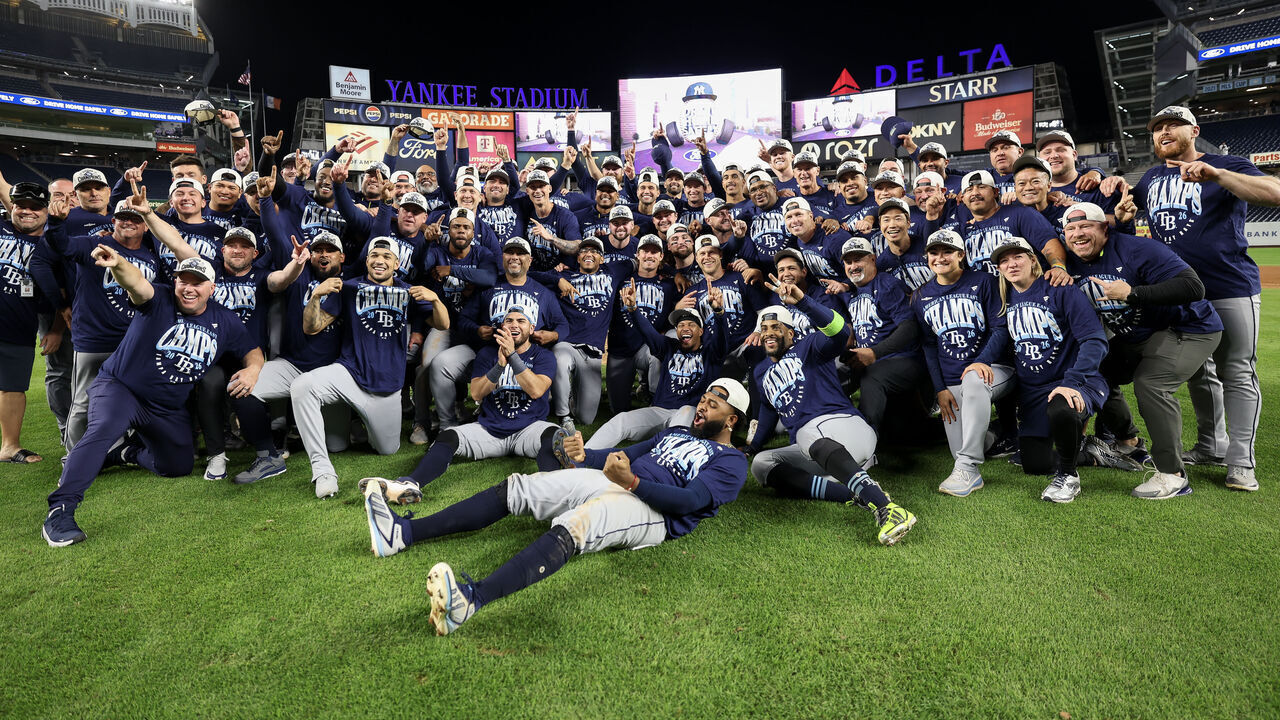 NEW YORK, NEW YORK - SEPTEMBER 22: Tampa Bay Rays players pose after clinching the AL East title in game two of a doubleheader against the New York Yankees at Yankee Stadium on September 22, 2026 in the Bronx borough of New York City. The Tampa Bay Rays won 6-1.