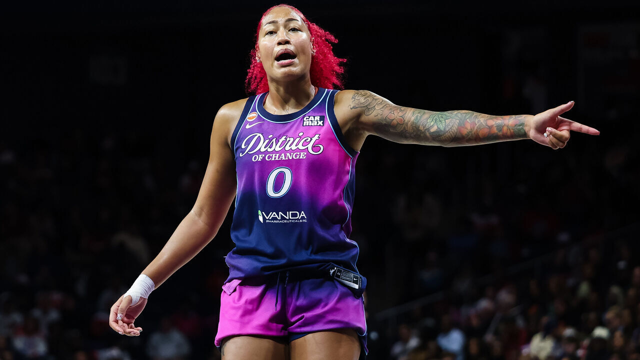 WASHINGTON, DC - SEPTEMBER 22: Shakira Austin #0 of the Washington Mystics reacts to a play against the Connecticut Sun during the second half at CareFirst Arena on September 22, 2026 in Washington, DC.