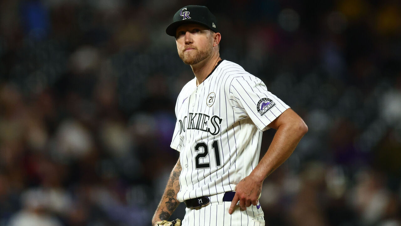 DENVER, CO - SEPTEMBER 15: Starting pitcher Kyle Freeland #21 of the Colorado Rockies reacts on the mound after giving up a solo home run to Austin Hays #15 of the San Diego Padres in the fifth inning at Coors Field on September 15, 2026 in Denver, Colorado.