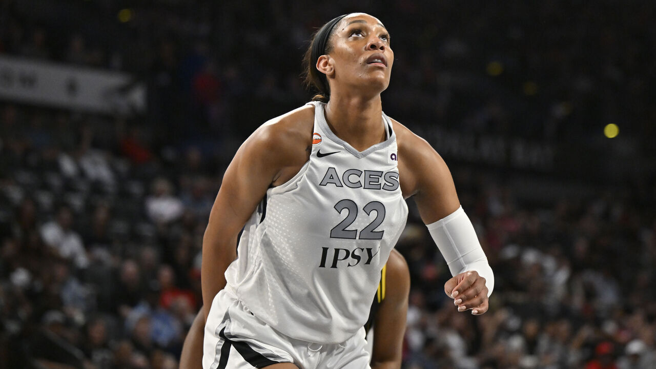 LAS VEGAS, NV - SEPTEMBER 22: A'ja Wilson #22 of the Las Vegas Aces looks on during the game against the Los Angeles Sparks on September 22, 2026 at Michelob ULTRA Arena in Las Vegas, Nevada. Mandatory Copyright Notice: Copyright 2026 NBAE