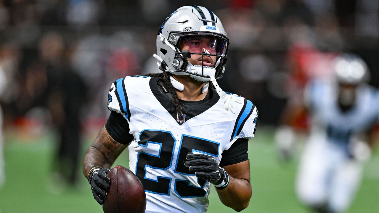 ATLANTA, GA - SEPTEMBER 20: Carolina running back Jonathon Brooks (25) warms up prior to the start of the NFL game between the Carolina Panthers and the Atlanta Falcons on September 20th, 2026 at Mercedes-Benz Stadium in Atlanta, GA.