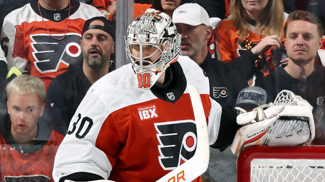 PHILADELPHIA, PENNSYLVANIA - MAY 09: Dan Vladar #80 of the Philadelphia Flyers tends goal against the Carolina Hurricanes in Game Four of the Second Round of the 2026 Stanley Cup Playoffs at the Xfinity Mobile Arena on May 9, 2026 in Philadelphia, Pennsylvania.