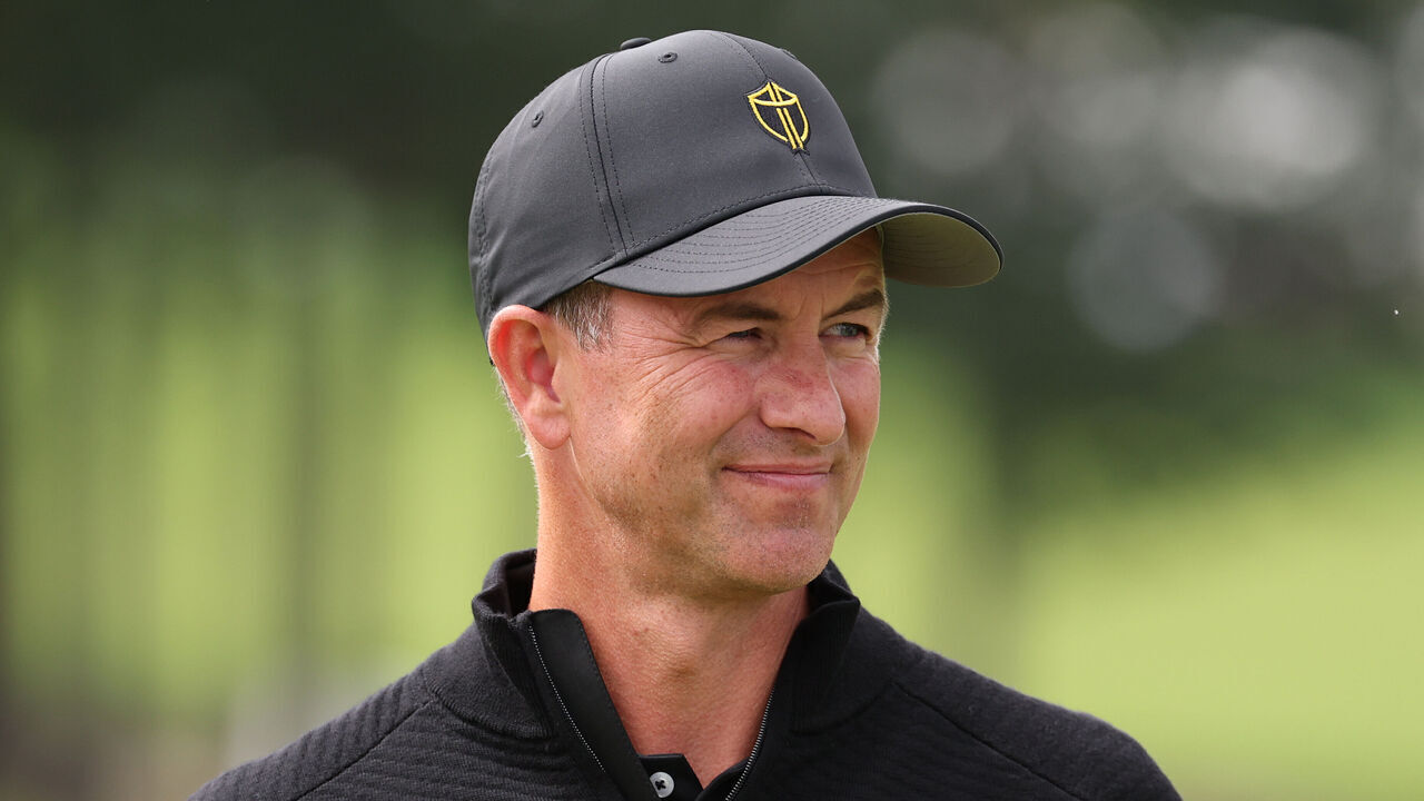 MEDINAH, ILLINOIS - SEPTEMBER 23: Adam Scott of Australia and the International Team walks on the 18th green prior to the Presidents Cup 2026 at Medinah Country Club on September 23, 2026 in Medinah, Illinois.