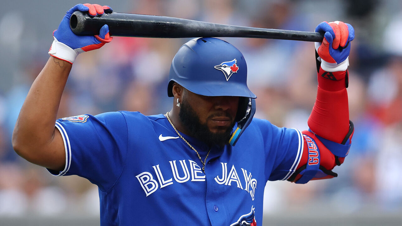 TORONTO, ON - JULY 20: Vladimir Guerrero Jr. #27 of the Toronto Blue Jays reacts after flying out in the first inning during a game against the Tampa Bay Rays at Rogers Centre on July 20, 2026 in Toronto, Ontario, Canada.