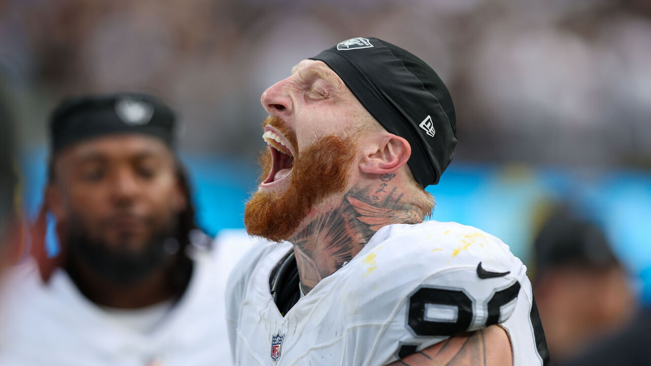 INGLEWOOD, CA - SEPTEMBER 20: Las Vegas Raiders defensive end Maxx Crosby (98) celebrates on the sideline during after an NFL game between the Las Vegas Raiders and the Los Angeles Chargers on September 20, 2026, at SoFi Stadium in Inglewood, CA.