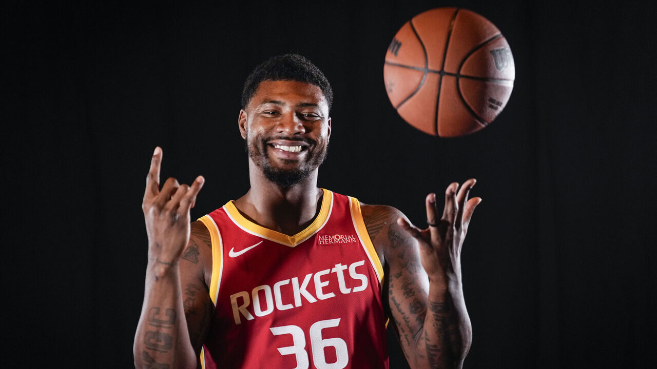 Houston Rockets guard Marcus Smart poses for a photo during Rockets Media Day in Houston, Tuesday, Sept. 22, 2026.