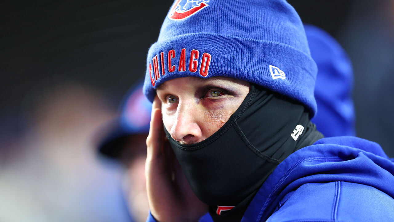 CHICAGO, ILLINOIS - SEPTEMBER 22: Alex Bregman #3 of the Chicago Cubs looks on during the fourth inning from the dugout after being hit with a foul ball earlier this week at Wrigley Field on September 22, 2026 in Chicago, Illinois.