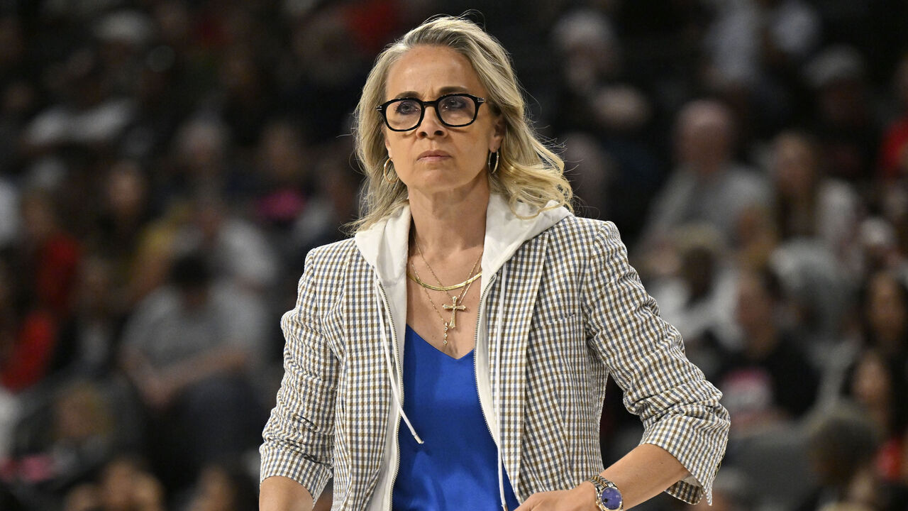 LAS VEGAS, NV - SEPTEMBER 20: Head Coach Becky Hammon of the Las Vegas Aces looks on during the game against the Seattle Storm on September 20, 2026 at Michelob ULTRA Arena in Las Vegas, Nevada. Mandatory Copyright Notice: Copyright 2026 NBAE