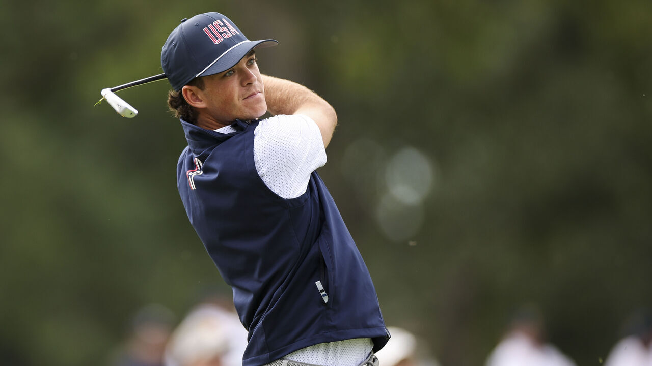 CHICAGO, ILLINOIS - SEPTEMBER 23: Jackson Koivun of the U.S. Team plays a shot prior to the Presidents Cup at Medinah Country Club Course No. 3 on September 23, 2026 in Chicago, Illinois.
