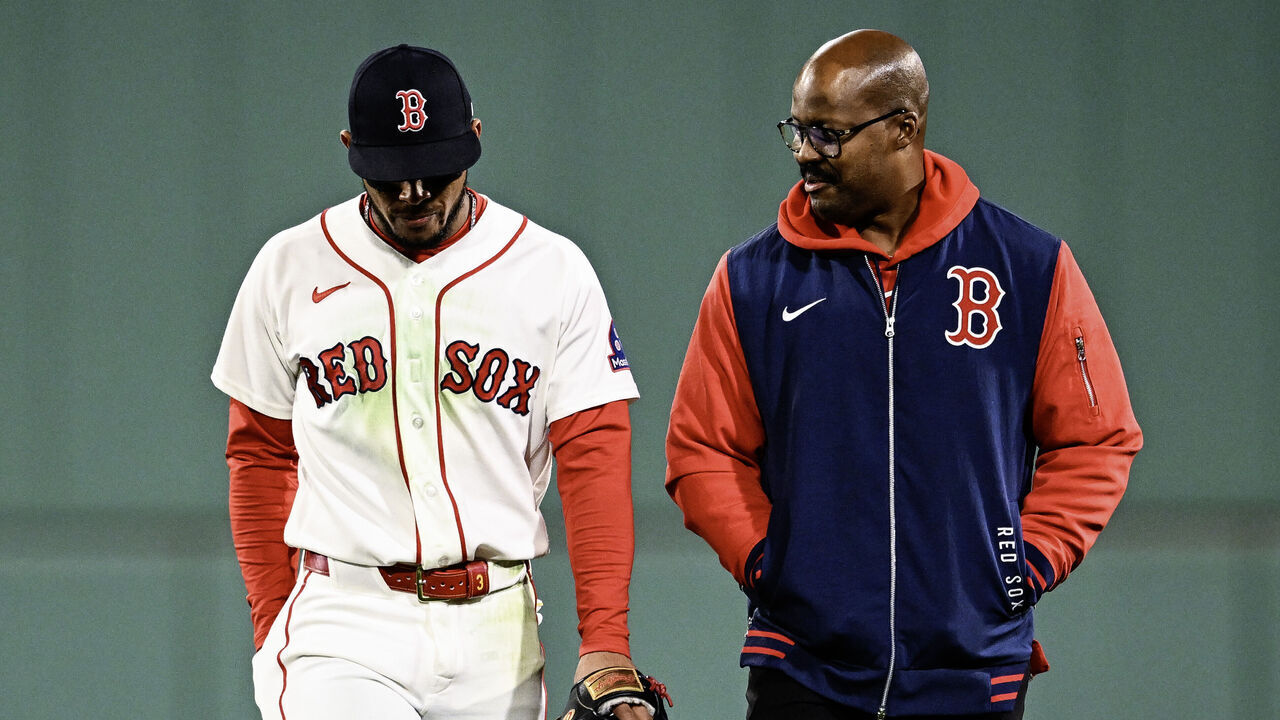 BOSTON, MASSACHUSETTS - SEPTEMBER 23: Ceddanne Rafaela #3 of the Boston Red Sox (C) exits the game in the third inning against the Cleveland Guardians at Fenway Park on September 23, 2026 in Boston, Massachusetts.