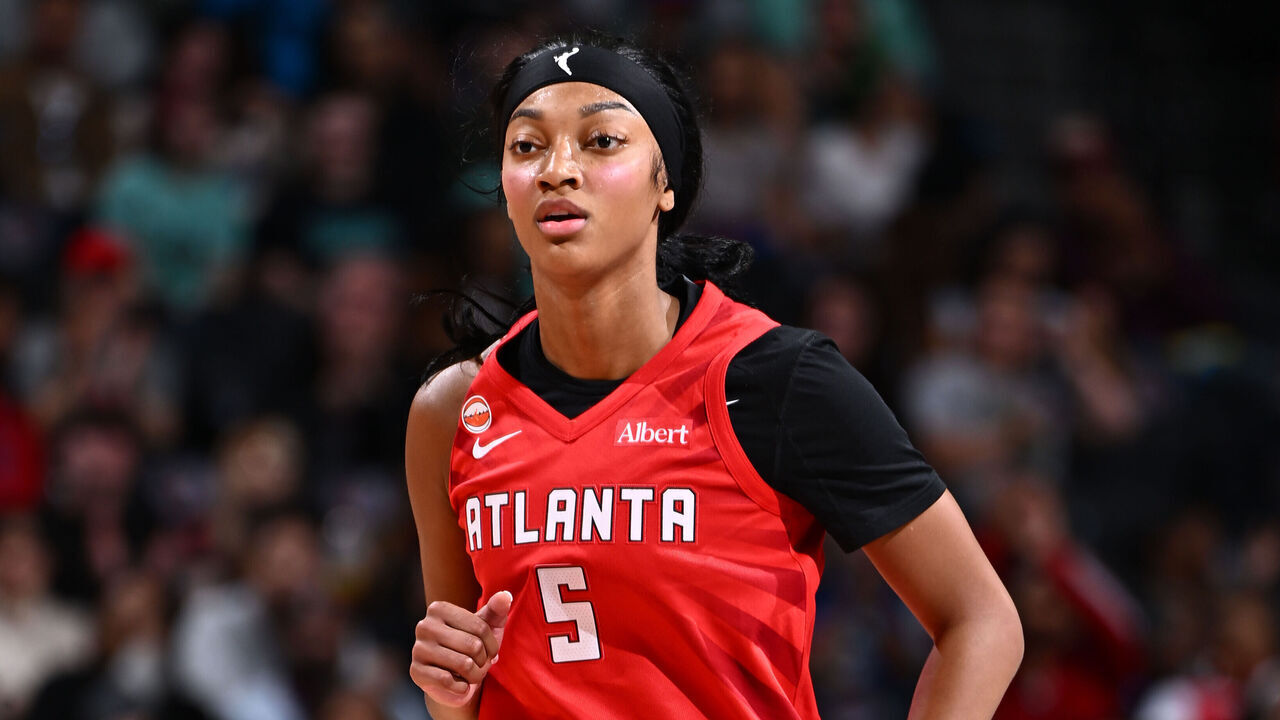 BROOKLYN, NY - SEPTEMBER 23: Angel Reese #5 of the Atlanta Dream looks on during the game against the New York Liberty on September 23, 2026 at Barclays Center Arena in Brooklyn, New York. Mandatory Copyright Notice: Copyright 2026 NBAE
