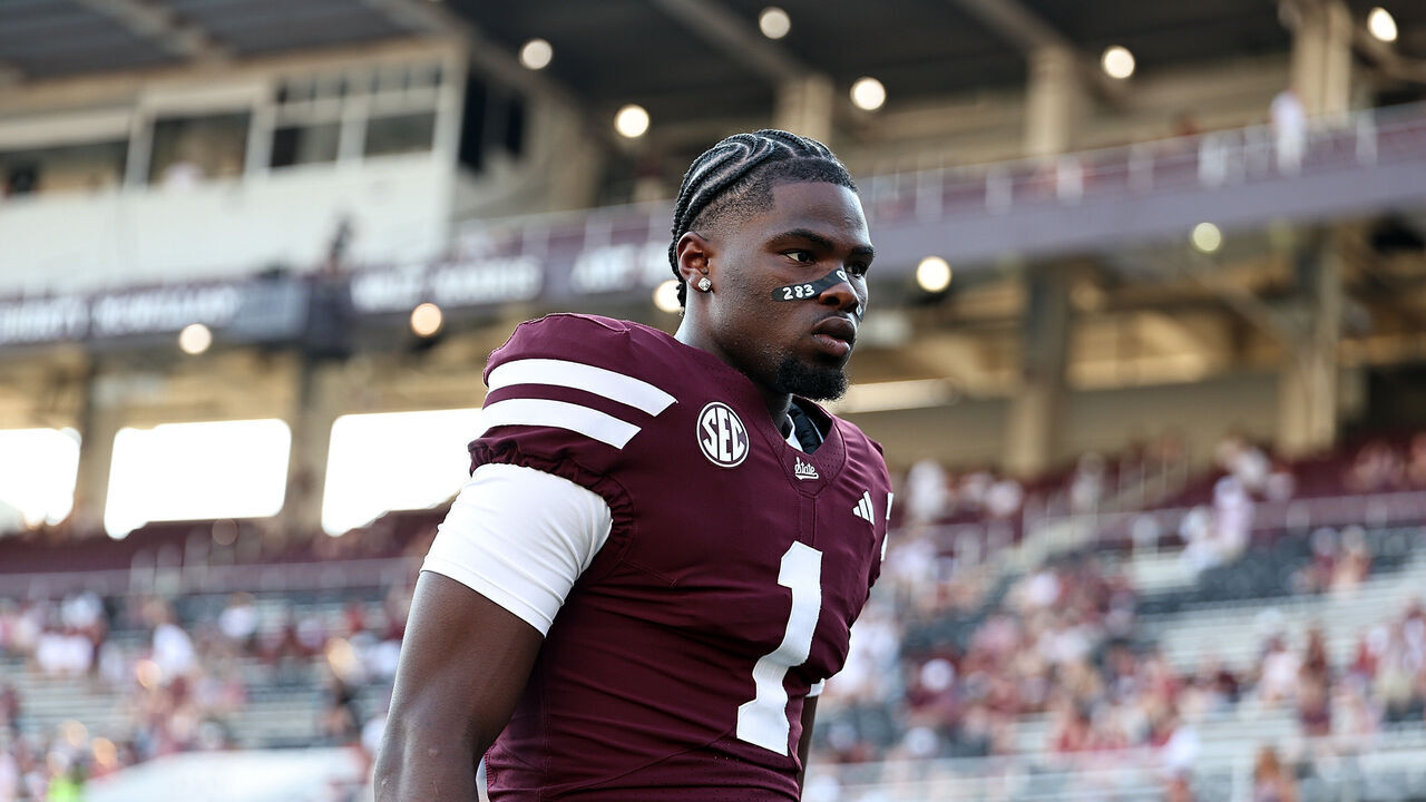 STARKVILLE, MISSISSIPPI - SEPTEMBER 05: Kamario Taylor #1 of the Mississippi State Bulldogs warms up before the game against the ULM Warhawks at Davis Wade Stadium on September 05, 2026 in Starkville, Mississippi.