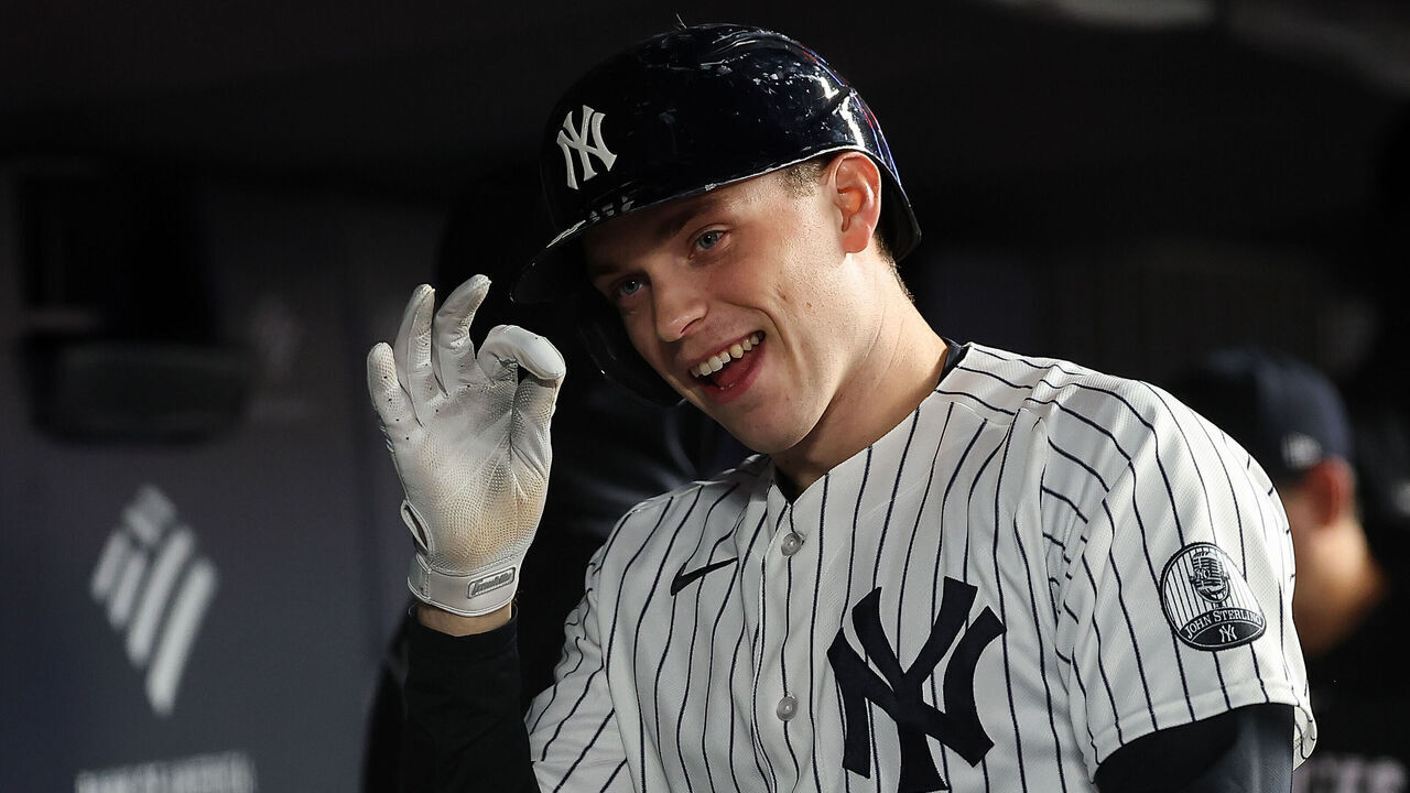 NEW YORK, NEW YORK - SEPTEMBER 23: Ben Rice #22 of the New York Yankees celebrates hitting a solo home run during the fourth inning against the Tampa Bay Rays at Yankee Stadium on September 23, 2026 in New York City.