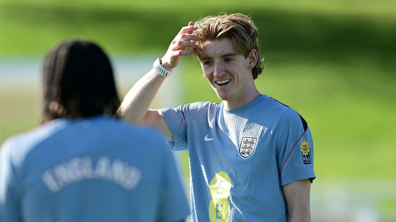 BURTON UPON TRENT, ENGLAND - SEPTEMBER 23: Anthony Gordon of England reacts during a training session at St George's Park on September 23, 2026 in Burton upon Trent, England.