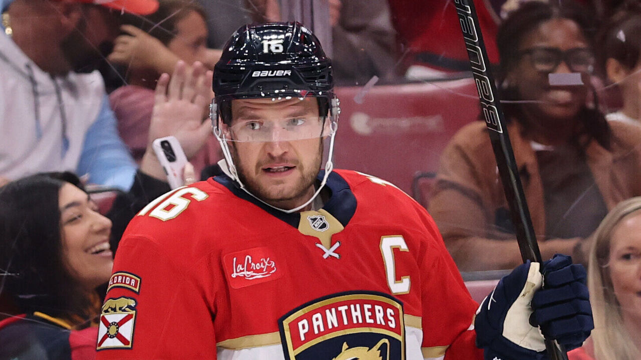 SUNRISE, FLORIDA - SEPTEMBER 20: Aleksander Barkov #16 of the Florida Panthers reacts after scoring in action against the Carolina Hurricanes during the second period at Amerant Bank Arena on September 20, 2026 in Sunrise, Florida.