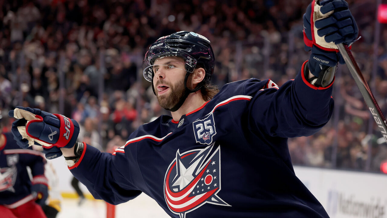 COLUMBUS, OHIO - APRIL 12: Adam Fantilli #19 of the Columbus Blue Jackets celebrates a goal against the Boston Bruins during the third period at Nationwide Arena on April 12, 2026 in Columbus, Ohio.