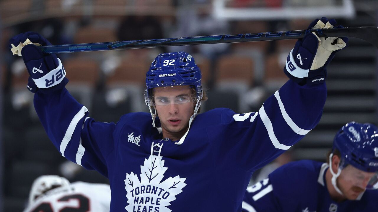 TORONTO, ON- SEPTEMBER 23 - Gavin McKenna #92 of the Toronto Maple Leafs as the Toronto Maple Leafs play the Ottawa Senators at Scotiabank Arena in Toronto. September 23, 2026. Steve Russell/Toronto Star (Steve Russell/Toronto Star via Getty Images)