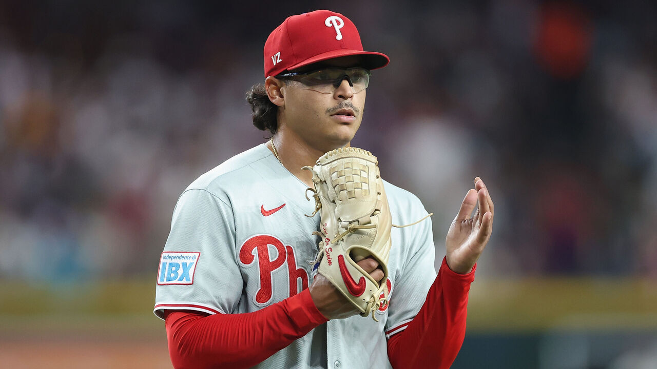 PHOENIX, ARIZONA - SEPTEMBER 01: Starting pitcher Jesús Luzardo #44 of the Philadelphia Phillies reacts during the MLB game at Chase Field on September 01, 2026 in Phoenix, Arizona.