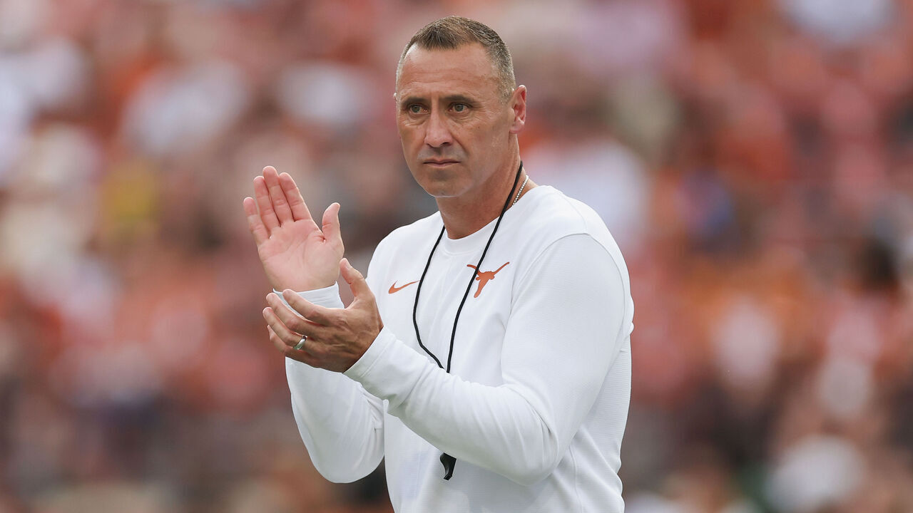 AUSTIN, TEXAS - SEPTEMBER 19: Head coach Steve Sarkisian of the Texas Longhorns reacts before the game against the UTSA Roadrunners at Darrell K Royal-Texas Memorial Stadium on September 19, 2026 in Austin, Texas.