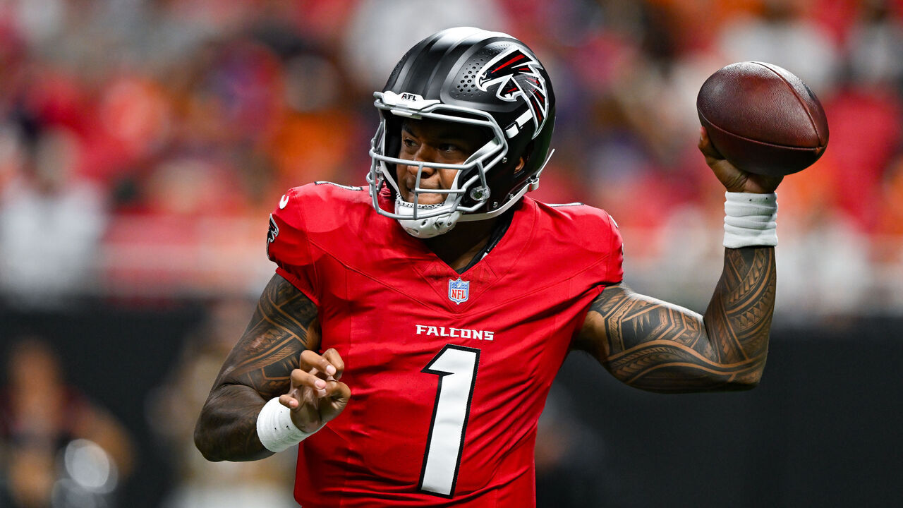 ATLANTA, GA - AUGUST 14: Atlanta quarterback Tua Tagovailoa (1) passes during the NFL pre-season game between the Denver Broncos and the Atlanta Falcons on August 14th, 2026 at Mercedes-Benz Stadium in Atlanta, GA.