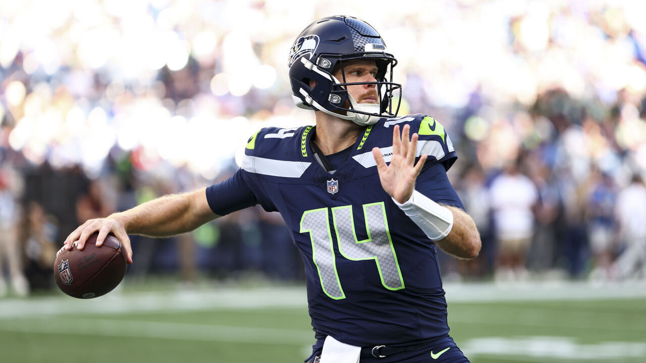 SEATTLE, WASHINGTON - SEPTEMBER 9: Sam Darnold #14 of the Seattle Seahawks warms up prior to an NFL football game against the New England Patriots at Lumen Field on September 9, 2026 in Seattle, Washington.