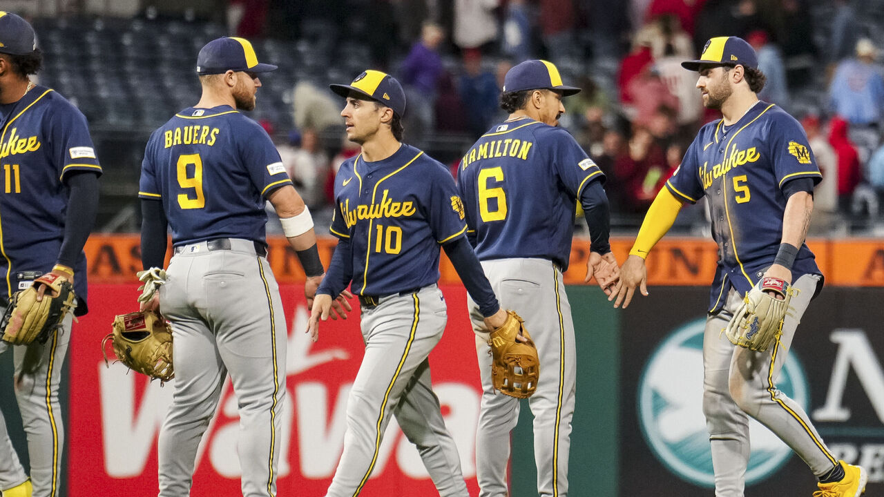 PHILADELPHIA, PA - SEPTEMBER 23: Members of the Milwaukee Brewers celebrate after the Brewers defeated the Philadelphia Phillies at Citizens Bank Park on Wednesday, September 23, 2026 in Philadelphia, Pennsylvania.