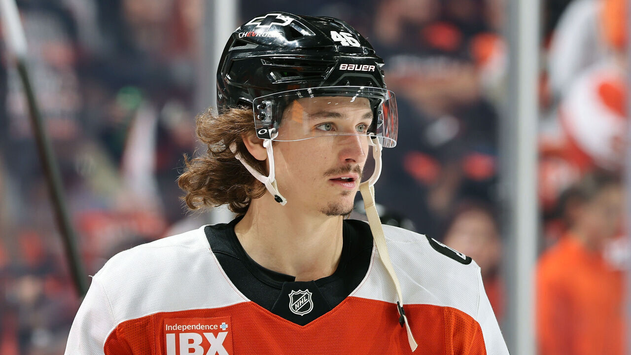 PHILADELPHIA, PENNSYLVANIA - MAY 09: Trevor Zegras #46 of the Philadelphia Flyers looks on during warm-ups prior to playing the Carolina Hurricanes in Game Four of the Second Round of the 2026 Stanley Cup Playoffs at the Xfinity Mobile Arena on May 9, 2026 in Philadelphia, Pennsylvania.