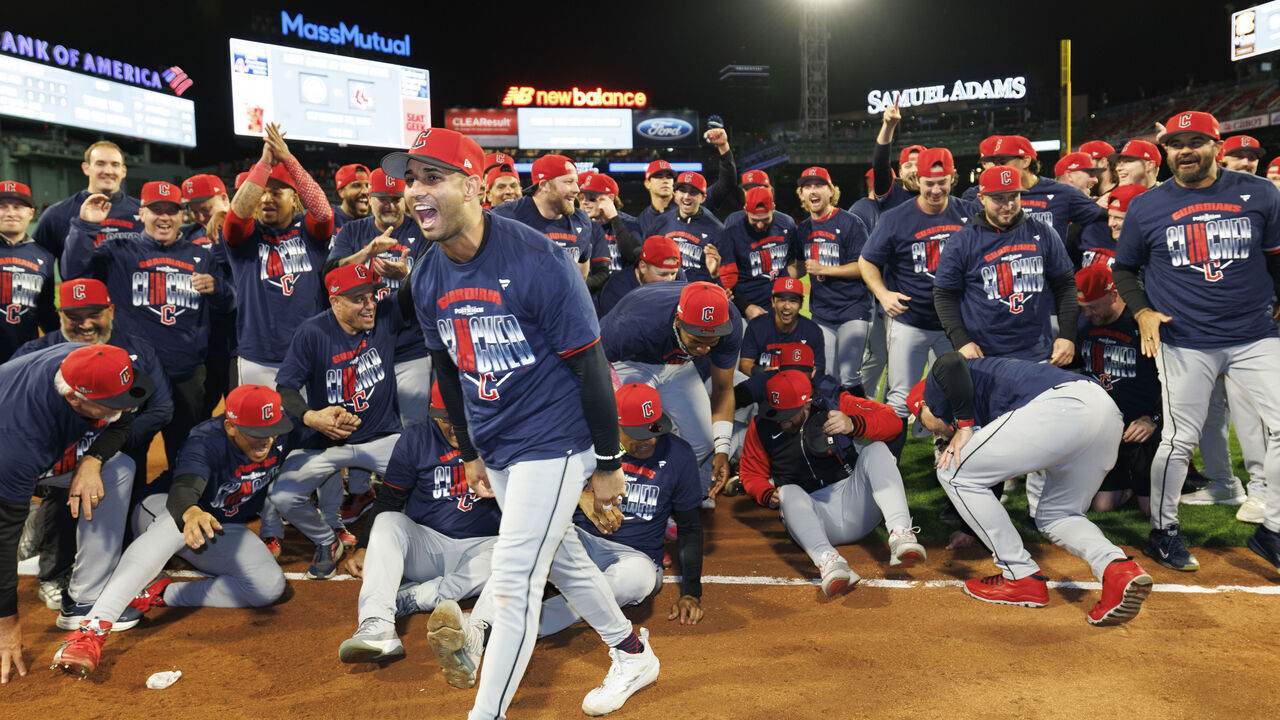 BOSTON, MASSACHUSETTS - SEPTEMBER 24: The Cleveland Guardians celebrate after posing for a team photo following the win over the Boston Red Sox at Fenway Park on September 24, 2026 in Boston, Massachusetts. The Cleveland Guardians secured a spot in the 2026 playoffs with the win over the Boston Red Sox.