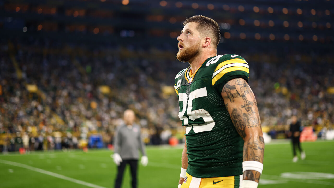 GREEN BAY, WISCONSIN - SEPTEMBER 24: Tucker Kraft #85 of the Green Bay Packers walks the field prior to the game against the Atlanta Falcons at Lambeau Field on September 24, 2026 in Green Bay, Wisconsin.
