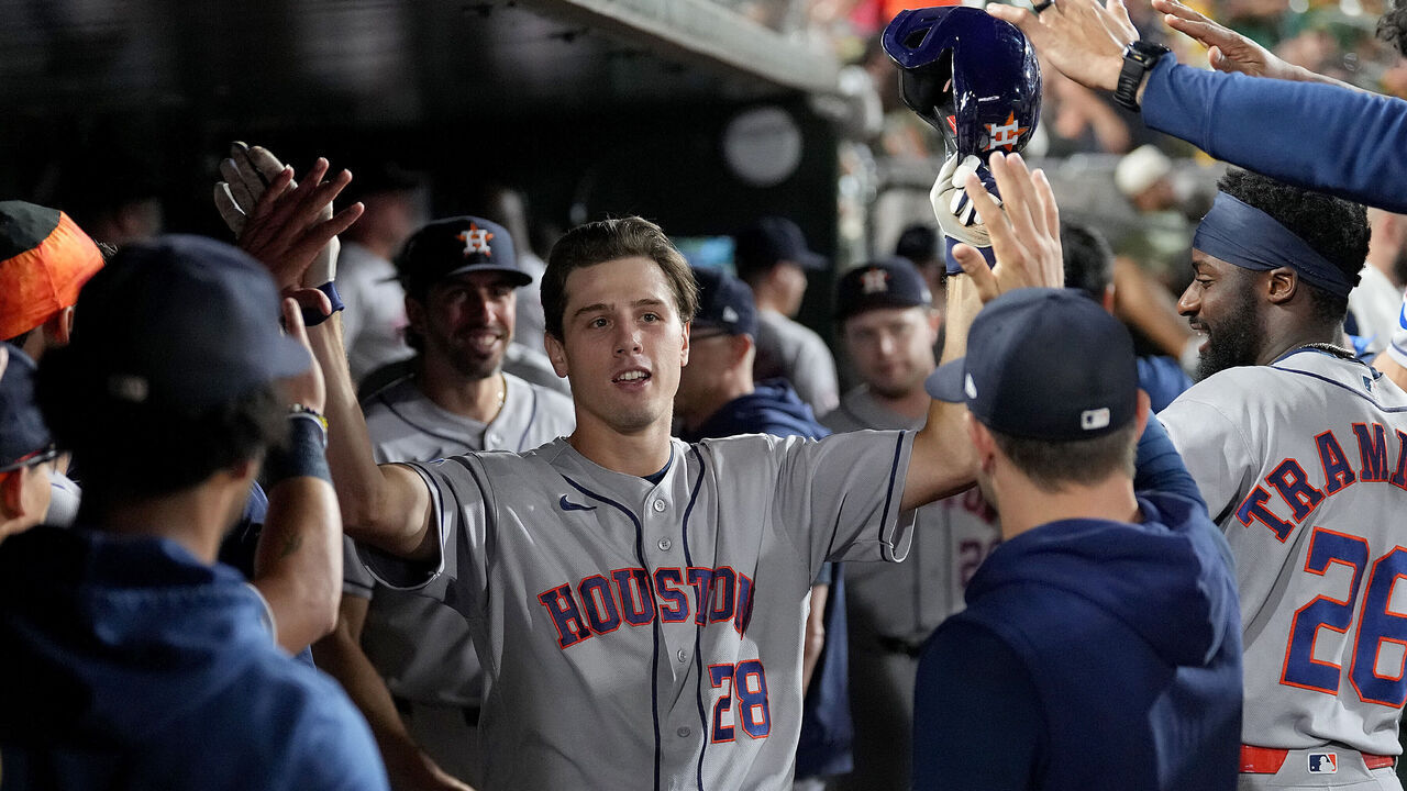 SACRAMENTO, CALIFORNIA - SEPTEMBER 24: Lucas Spence #28 of the Houston Astros celebrates his solo home run against the Athletics in the top of the seventh inning at Sutter Health Park on September 24, 2026 in Sacramento, California.
