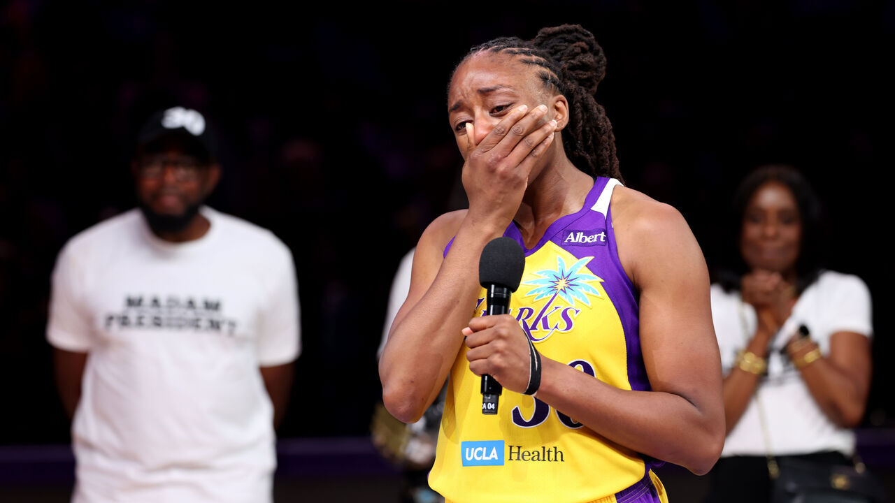 LOS ANGELES, CALIFORNIA - SEPTEMBER 24: Nneka Ogwumike #30 of the Los Angeles Sparks reacts during the ceremony to commemorate the final game of her career at Crypto.com Arena against the Golden State Valkyries on September 24, 2026 in Los Angeles, California.