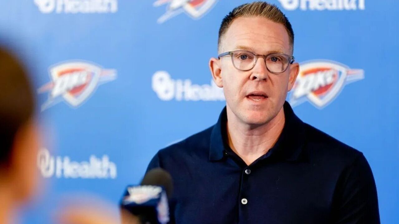 OKLAHOMA CITY, OK - MAY 28: Oklahoma City Thunder General Manager Sam Presti speaks to media on May 28, 2024 at the Thunder ION in Oklahoma City, Oklahoma. NOTE TO USER: User expressly acknowledges and agrees that, by downloading and/or using this Photograph, user is consenting to the terms and conditions of the Getty Images License Agreement. Mandatory Copyright Notice: Copyright 2024 NBAE
