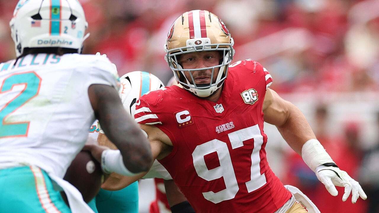 SANTA CLARA, CALIFORNIA - SEPTEMBER 20: Nick Bosa #97 of the San Francisco 49ers pressures Malik Willis #2 of the Miami Dolphins in the third quarter of a game at Levi's Stadium on September 20, 2026 in Santa Clara, California.