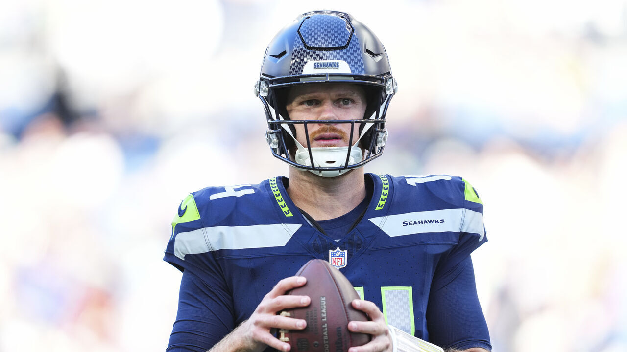 SEATTLE, WA - SEPTEMBER 09: Sam Darnold #14 of the Seattle Seahawks warms up prior to an NFL football game against the New England Patriots at Lumen Field on September 9, 2026 in Seattle, Washington.