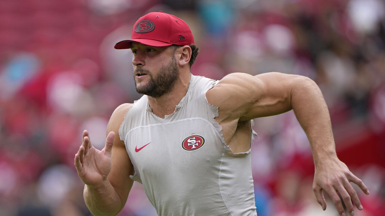 SANTA CLARA, CALIFORNIA - SEPTEMBER 20: Nick Bosa #97 of the San Francisco 49ers warms up before a game against the Miami Dolphins at Levi's Stadium on September 20, 2026 in Santa Clara, California.