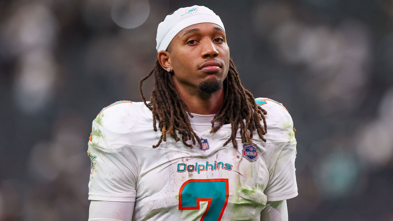 LAS VEGAS, NV - SEPTEMBER 13: Miami Dolphins wide receiver Caleb Douglas (7) walks off of the field after a NFL regular season game between the Las Vegas Raiders and Miami Dolphins at Allegiant Stadium, Sunday September 13, 2026 in Las Vegas, NV.