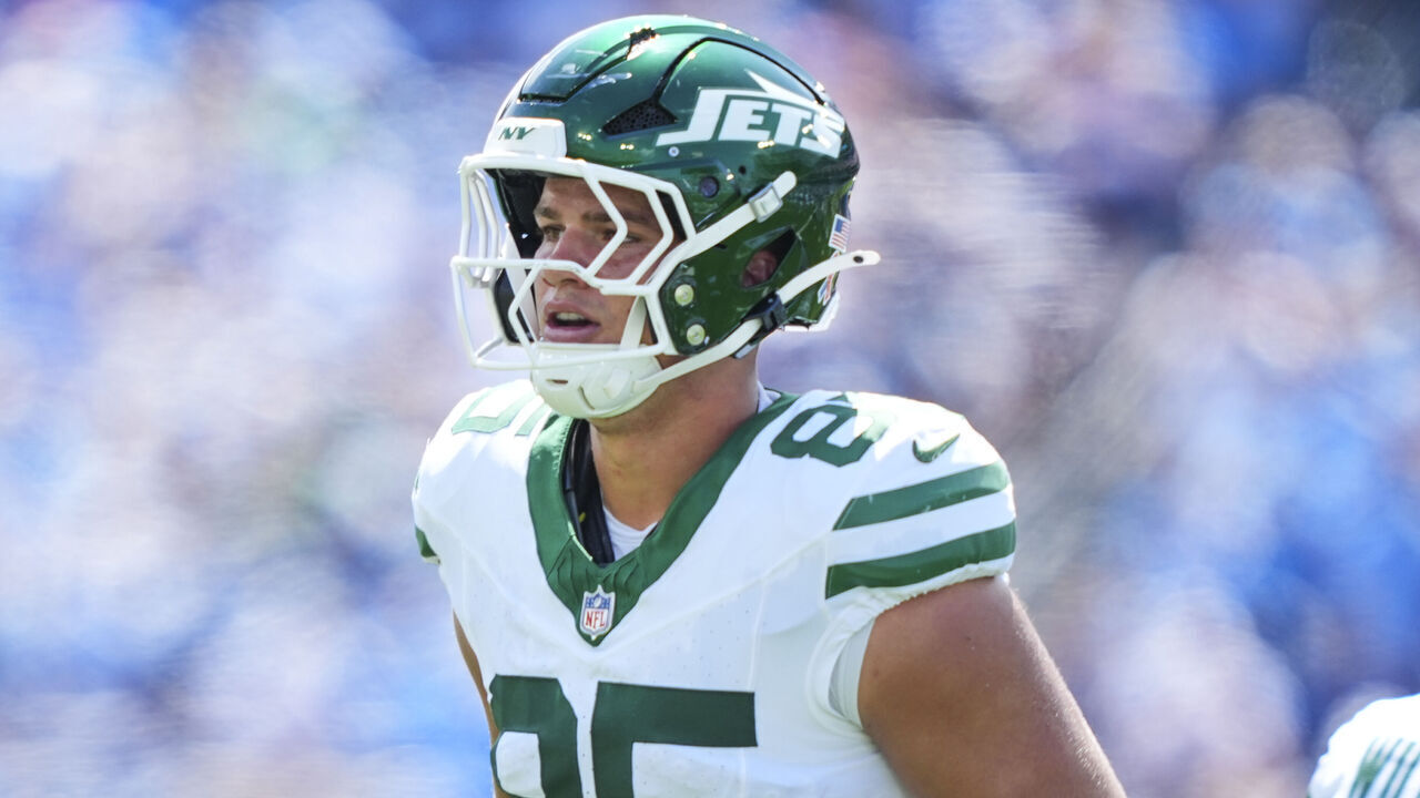 NASHVILLE, TENNESSEE - SEPTEMBER 13: Mason Taylor #85 of the New York Jets looks on from the field during an NFL football game against the Tennessee Titans at Nissan Stadium on September 13, 2026 in Nashville, Tennessee.