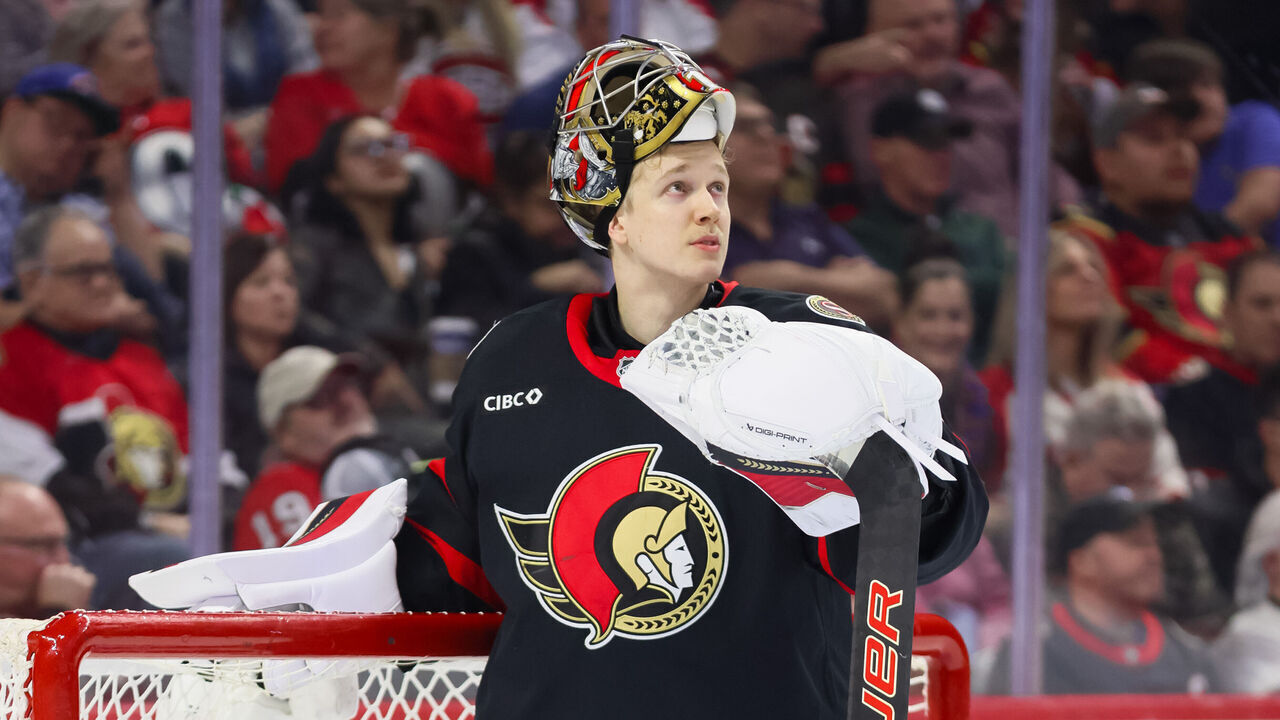 OTTAWA, ON - JANUARY 17: Leevi Merilainen #1 of the Ottawa Senators takes a break during a stoppage in play against the Montreal Canadiens on January 17, 2026, at Canadian Tire Centre in Ottawa, ON, Canada.