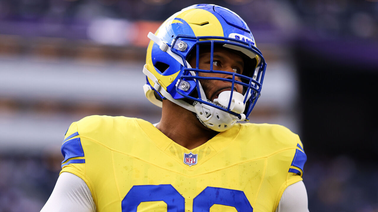 INGLEWOOD, CALIFORNIA - SEPTEMBER 21: Aaron Donald #99 of the Los Angeles Rams warms up prior to the game against the New York Giants at SoFi Stadium on September 21, 2026 in Inglewood, California.