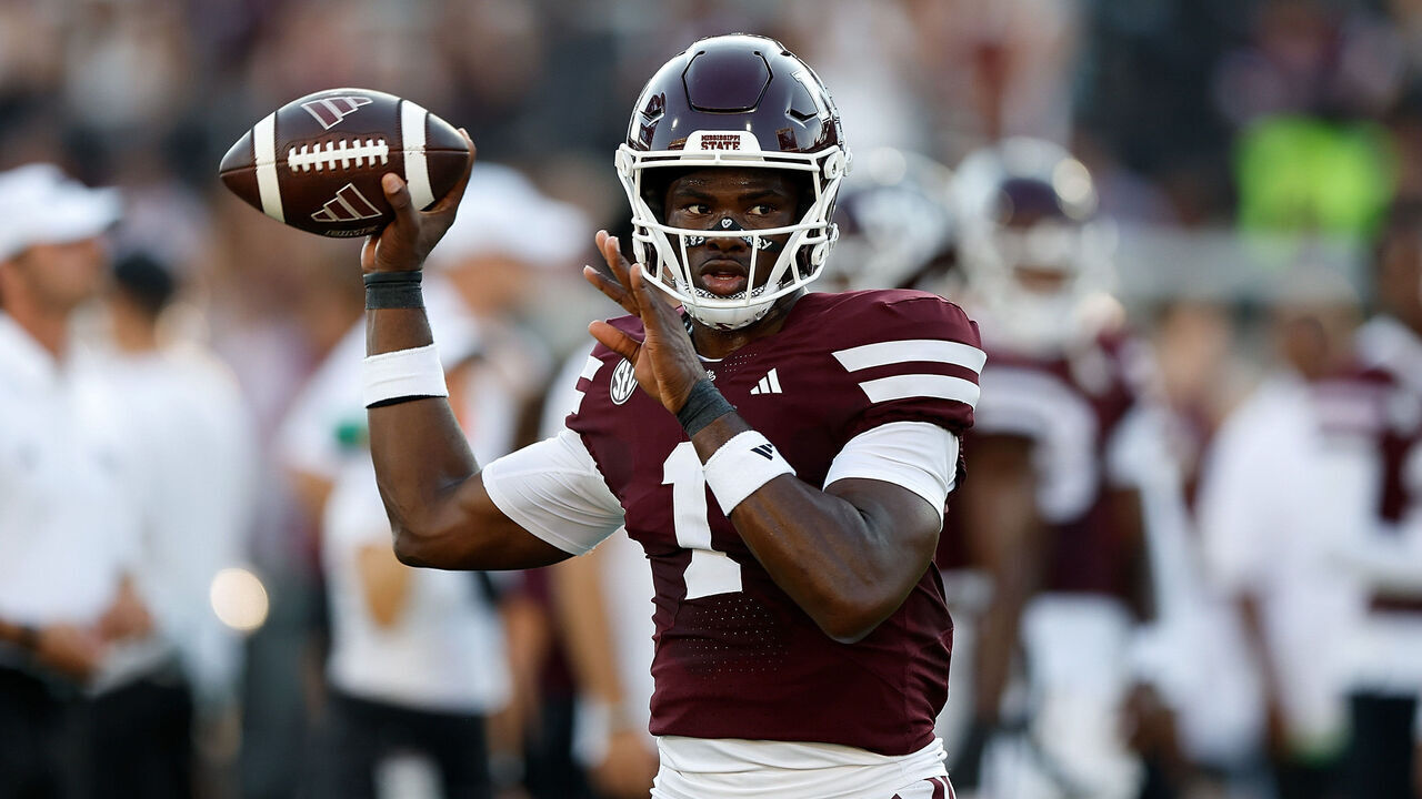 STARKVILLE, MISSISSIPPI - SEPTEMBER 05: Kamario Taylor #1 of the Mississippi State Bulldogs warms up before the game against the ULM Warhawks at Davis Wade Stadium on September 05, 2026 in Starkville, Mississippi.