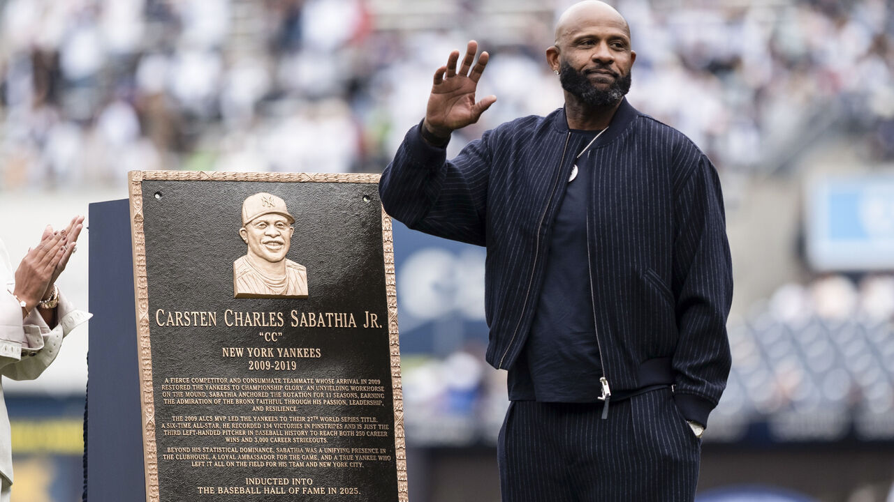 NEW YORK, NY - SEPTEMBER 25: CC Sabathia looks on while being honored at Yankee Stadium prior to the game between the Baltimore Orioles and the New York Yankees on Friday, September 25, 2026 in New York, New York.