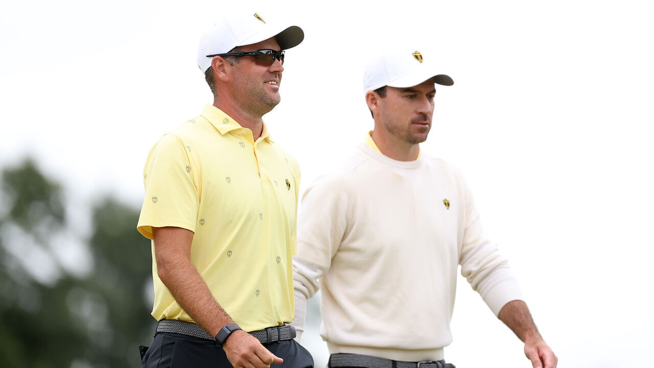 MEDINAH, ILLINOIS - SEPTEMBER 25: Corey Conners of Canada and the International Team and Nick Taylor of Canada and the International Team walk on the sixth green during Friday's Foursomes on day two of the Presidents Cup 2026 at Medinah Country Club on September 25, 2026 in Medinah, Illinois.