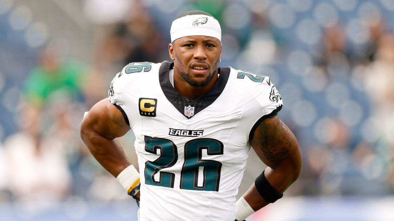 NASHVILLE, TENNESSEE - SEPTEMBER 20: Saquon Barkley #26 of the Philadelphia Eagles looks on during warm ups prior to the game against the Tennessee Titans at Nissan Stadium on September 20, 2026 in Nashville, Tennessee.