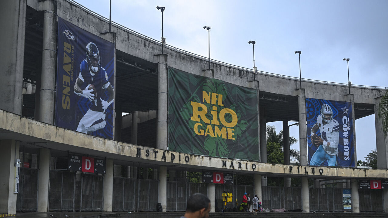 The main entrance of Maracana stadium displays banners announcing the upcoming NFL game between Baltimore Ravens and Dallas Cowboys next Sunday, September 27, in Rio de Janeiro, Brazil, on September 23, 2026.