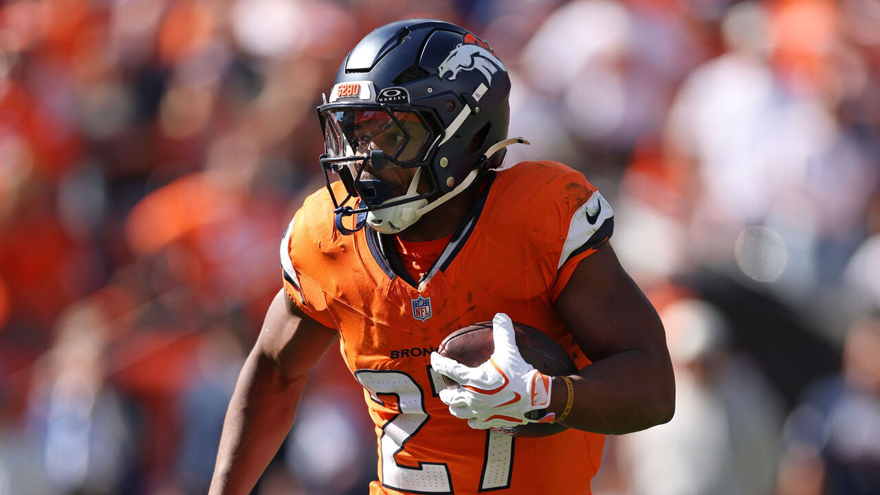 DENVER, COLORADO - SEPTEMBER 20: J.K. Dobbins #27 of the Denver Broncos runs with the ball during the second quarter of the game against the Jacksonville Jaguars at Empower Field At Mile High on September 20, 2026 in Denver, Colorado.